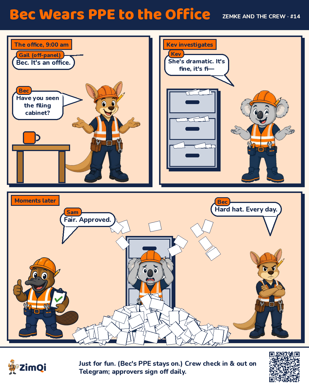 Three-panel comic. Bec the kangaroo wears full PPE in the office and asks if anyone has seen the filing cabinet. Kev the koala opens it, saying it's fine, and is buried in a paper avalanche. Sam the platypus: 'Fair. Approved.' Bec: 'Hard hat. Every day.'