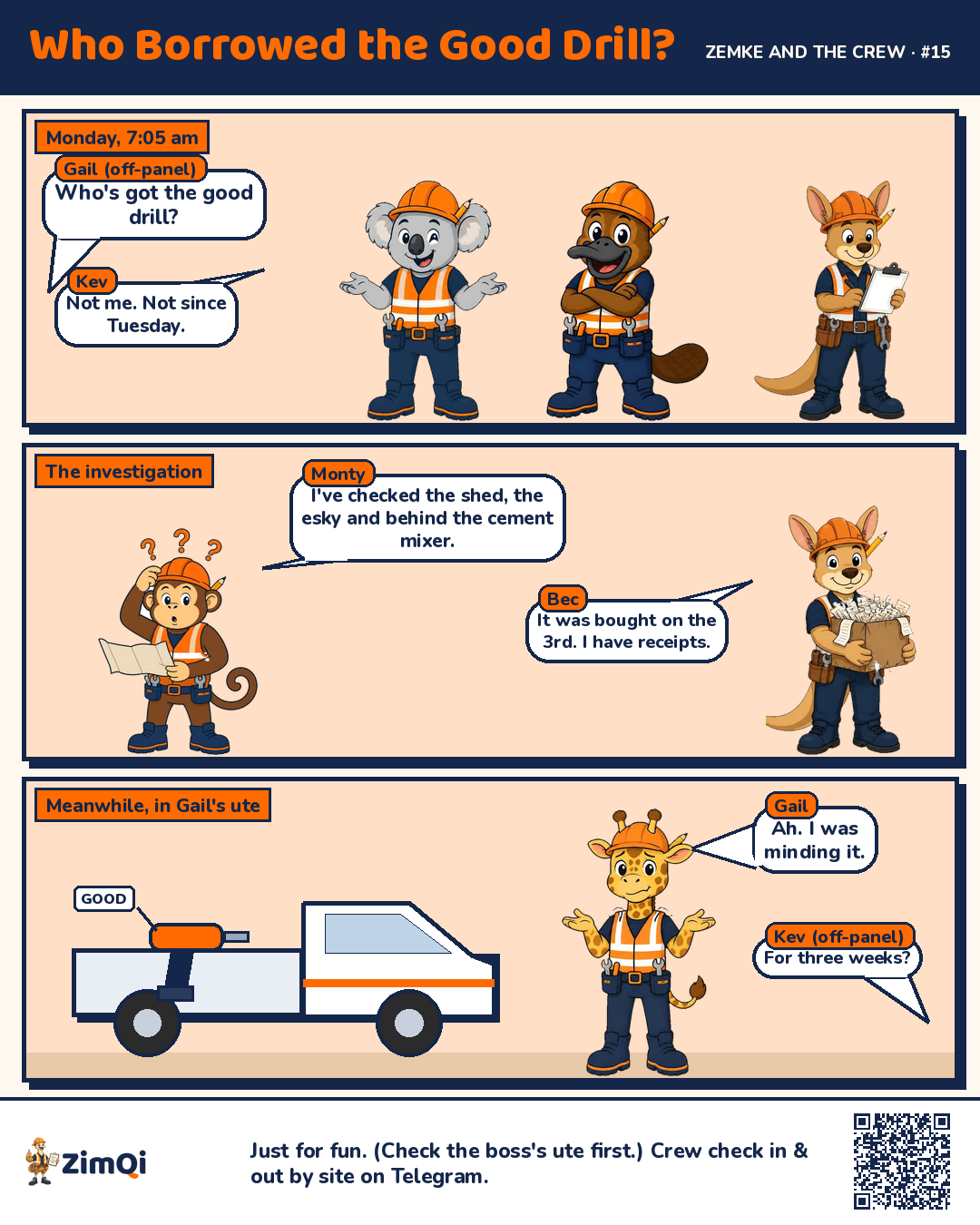 Three-panel comic. Gail asks who's got the good drill. Kev says not since Tuesday, Monty has checked the shed, the esky and behind the cement mixer, and Bec has the receipt. In the last panel the drill, tagged GOOD, is in the tray of Gail's own ute. Gail: 'Ah. I was minding it.' Kev: 'For three weeks?'