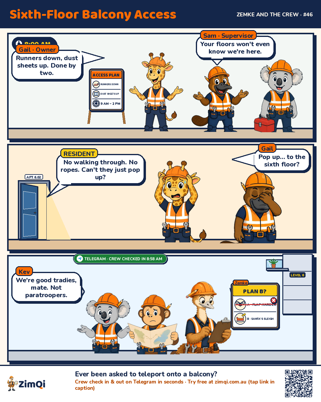 Three-panel comic. Panel 1, 8:00 am at apartment 6.02: Gail the giraffe and Sam the platypus stand beside an access-plan board (runners down, dust sheets up, 9 AM – 2 PM) while Kev the koala carries a toolbox. Gail says 'Runners down, dust sheets up. Done by two.' Sam says 'Your floors won't even know we're here.' Panel 2, 8:04 am: the apartment door opens a crack and the resident says 'No walking through. No ropes. Can't they just pop up?' Gail, hands on her head, replies 'Pop up… to the sixth floor?' while Sam facepalms. Panel 3, 8:20 am on the footpath six floors down: a green Telegram pill reads 'Crew checked in 8:58 am'. Zemke the emu holds up a Plan B card ('A · flap harder' crossed out, 'B · Santa's sleigh'), Monty the monkey studies a map, and Kev shrugs: 'We're good tradies, mate. Not paratroopers.'