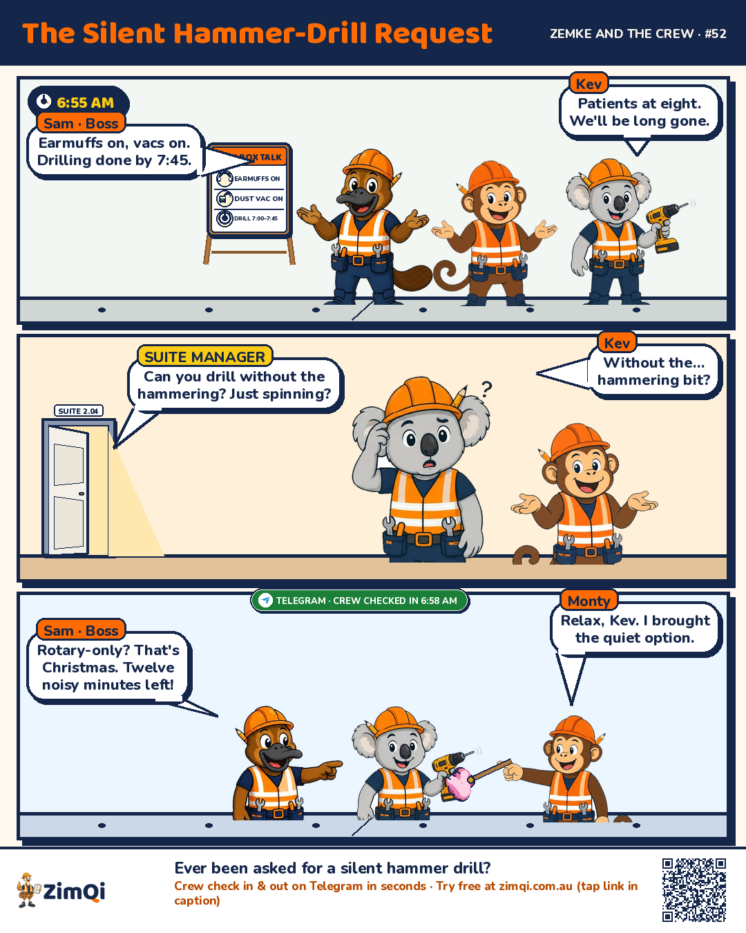 Three-panel comic. Panel 1, 6:55 am on Level 2 of a medical suites building: Sam the platypus runs a toolbox talk beside an A-frame board (earmuffs on, dust vac on, drilling 7:00 to 7:45) and says 'Earmuffs on, vacs on. Drilling done by 7:45.' Kev the koala, holding a hammer drill, says 'Patients at eight. We'll be long gone.' Panel 2, 7:05 am: the Suite 2.04 door opens a crack and the suite manager asks 'Can you drill without the hammering? Just spinning?' Kev, confused, repeats 'Without the… hammering bit?' while Monty the monkey shrugs. Panel 3, 7:33 am: a green Telegram pill reads 'Crew checked in 6:58 am'. Monty holds up a pink feather duster and says 'Relax, Kev. I brought the quiet option.' Sam says 'Rotary-only? That's Christmas. Twelve noisy minutes left!'