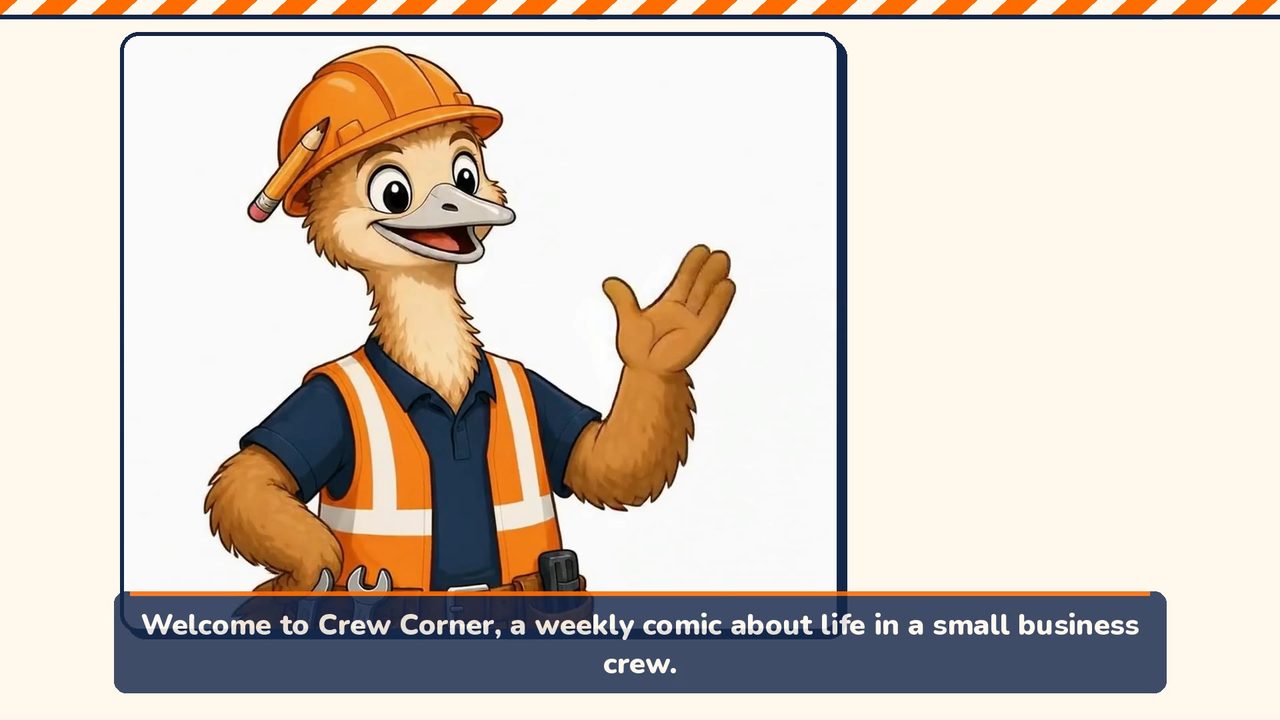 Zemke the emu in an orange hard hat and hi-vis vest, smiling at the camera on a sunny worksite.