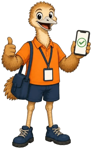 The ZimQi emu as a support worker in an orange polo, navy shorts and a lanyard, carrying a shoulder bag, giving a thumbs-up and holding up a phone with a green tick.