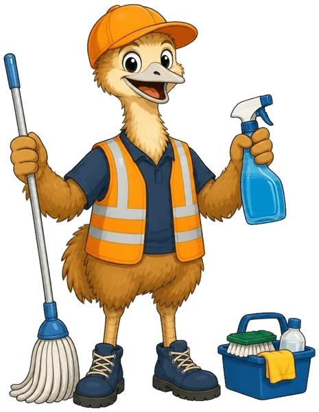 The ZimQi emu in an orange cap and hi-vis vest, smiling, with a mop in one wing, a spray bottle in the other and a cleaning caddy at his boots.