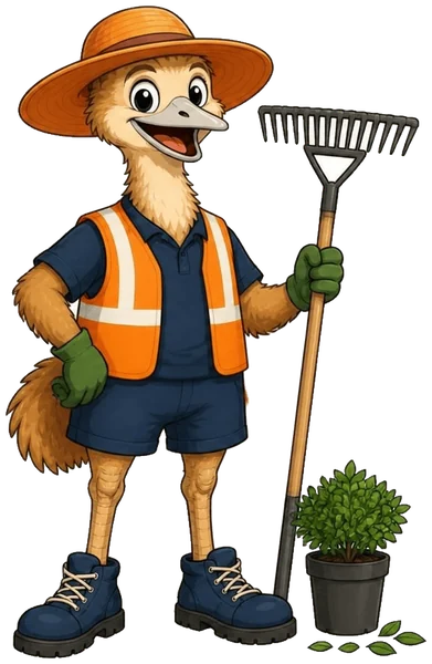 The ZimQi emu as a landscaper in a wide orange sun hat and hi-vis vest, holding a rake next to a potted shrub.
