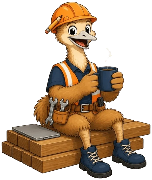 The ZimQi emu on smoko, sitting on a stack of timber with a mug of tea and a closed laptop.