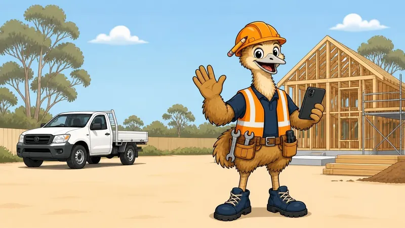 The ZimQi emu in his orange hard hat and hi-vis vest waving hello on a building site, phone in hand, with a ute and a timber house frame behind him.