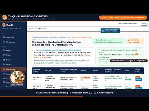 Plumbing & Gasfitting Timesheets + Compliance Forms in Telegram & Google Drive | ZimQi