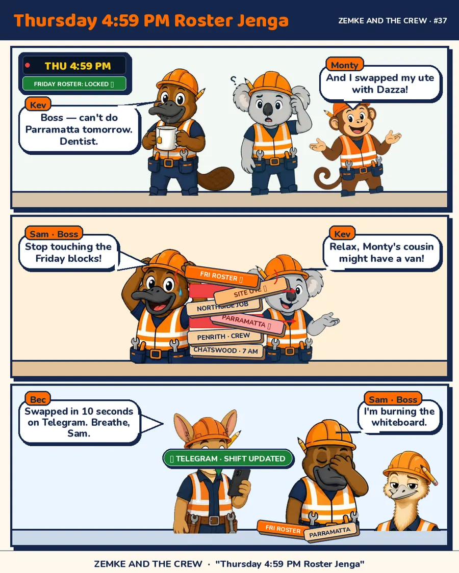 Zemke & the Crew comic: a 4:59 PM roster change across three sites for a small crew of contractors