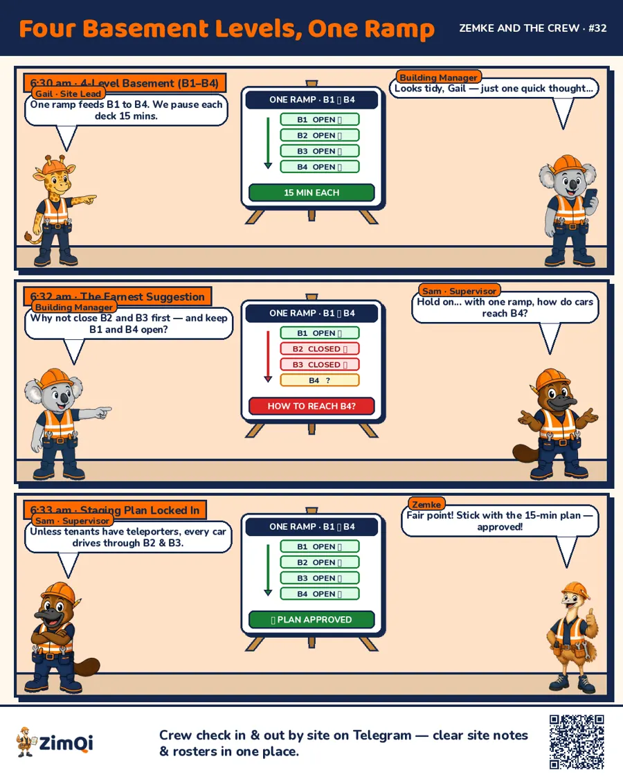 Zemke & the Crew comic: crew using a site sign-in app on Telegram to check in on a four-level basement site
