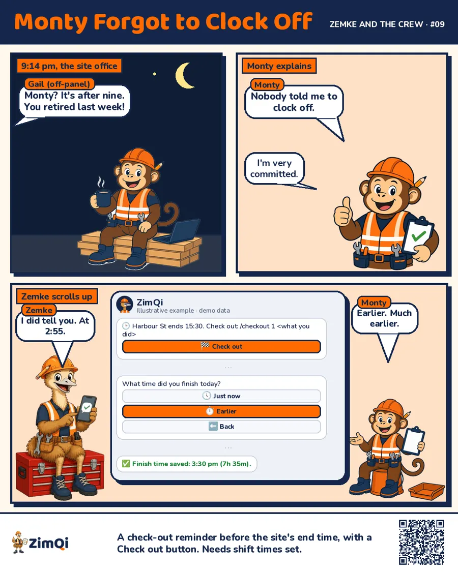 Zemke & the Crew comic: Monty forgets to clock off and the time clock app sends a nudge