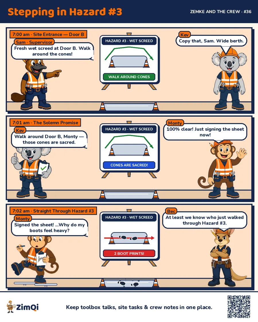 Zemke & the Crew comic: crew stepping around hazards on the way to sign the toolbox talk sheet